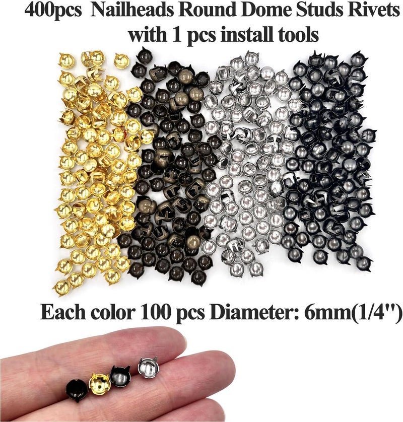 honigo 400pcs Nailheads Round Dome Studs Rivets Mixed Color Metal Solid Brass 6mm 4 Prongs Spikes Spots for Leather Craft Clothes Belt Bag Shoes Decorations Totes DIY Craft Gold Silver Gun Bronze - Image 5
